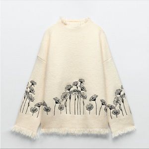 Zara Cream Wool Blend Embroidered Sweater